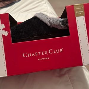 charter club slippers, brand new in the box, black soft memory foam slippers